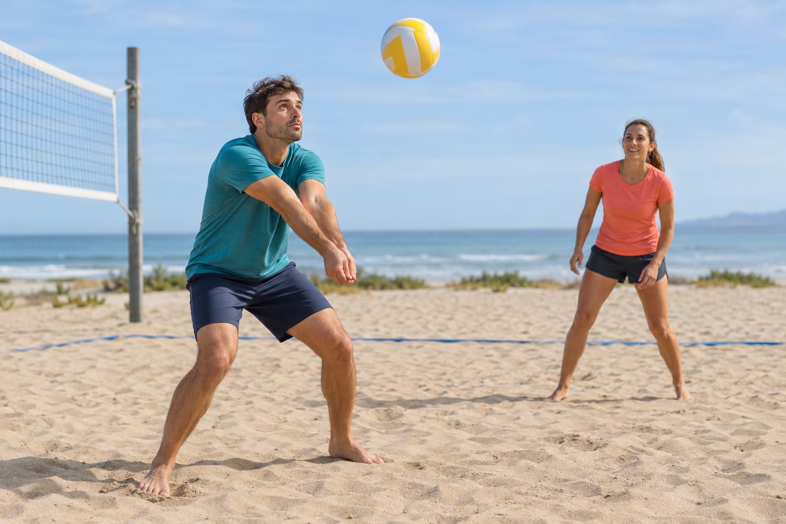 AI-generated fictional beach volleyball image: a teal-shirt player with bent knees and joined forearms watches a ball above him; a coral-shirt teammate stands behind to the right.